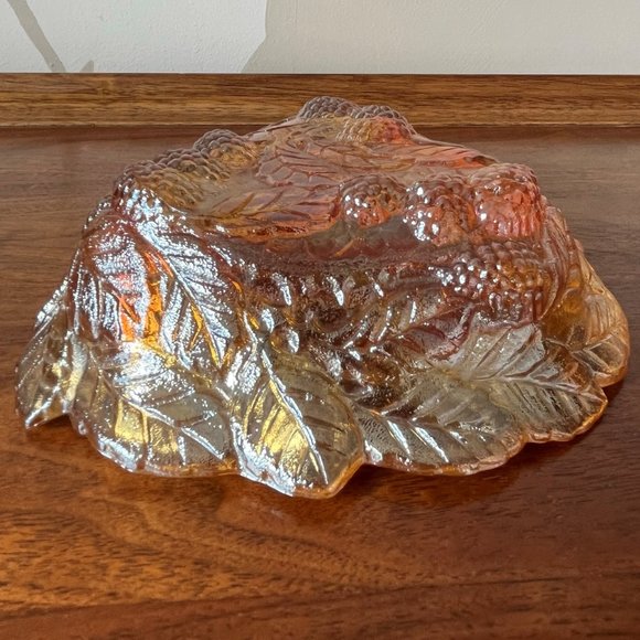 Indiana Glass Co. Berry Motif Triangular Bowl Orange Marigold Glass Vintage - Picture 6 of 11